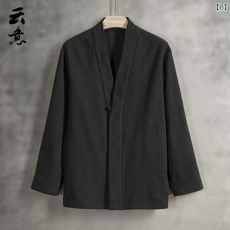 メンズ ファッション 中華風 漢服 秋冬 裏起毛 唐 ジャケット 厚手 長袖 道教 ローブ レトロ リネン 茶師服 服