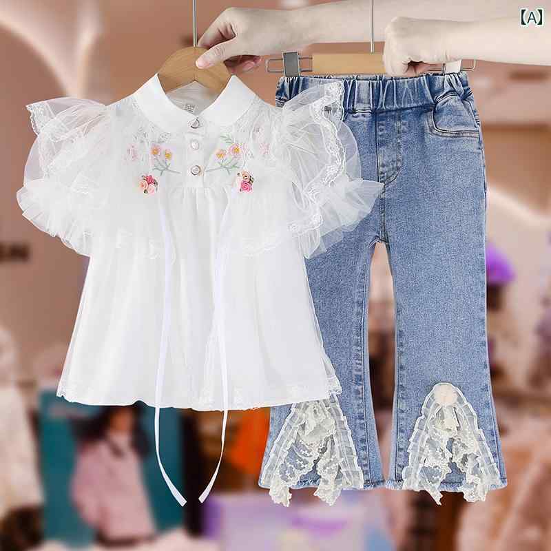 夏 パンツ キッズ ウェア ガールズ スーツ 子供服 小さい レース トップス デニムショート フレンチ ツ..