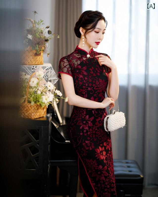 チャイナ ドレス おしゃれ 民族衣装 エスニック ロング レトロ 中華 秋 七分袖 ファッション パーティー 女性 優雅
