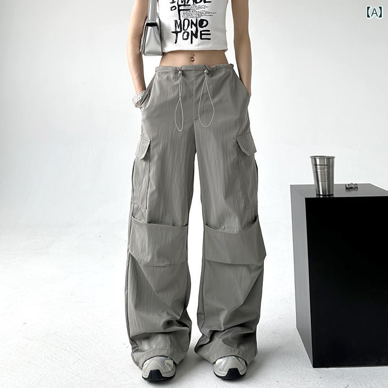 Capri Pants - レディース カジュアル パンツ バギー おしゃれ ストリート ゆったり 女性用 アメリカン カーゴ 春秋 速乾 機能 巾着 ワイド レッグ スポーツ ロング