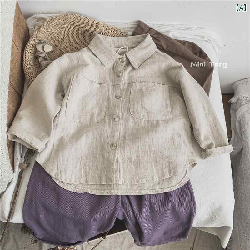メンズ レディース 子供服 韓国 子供 コットンリネン 無地 ポケット シャツ ベビー トップス 春秋服