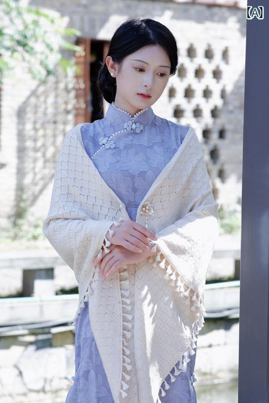 チャイナドレス レトロ 文学 秋冬 ニット コート ケープ 長袖 カーディガン チャイナ ドレス ショール