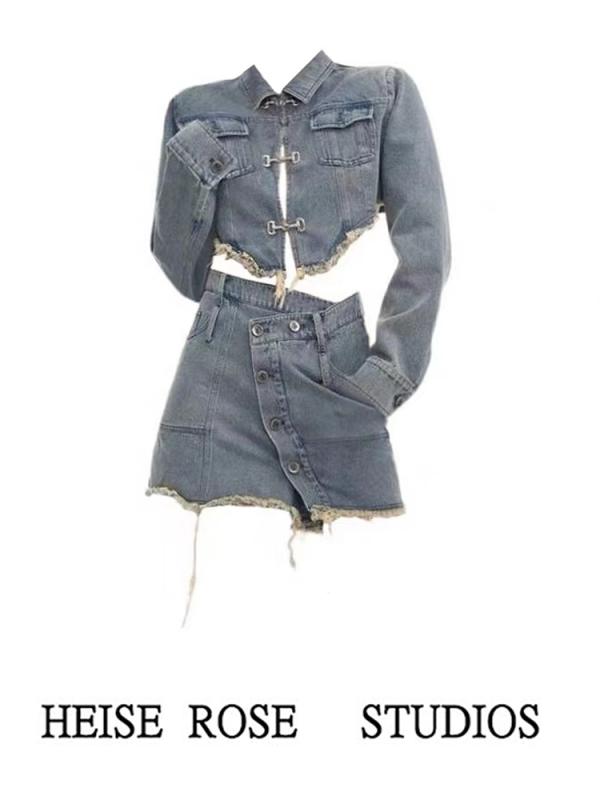 レディース ファッション ハイエンド 長袖 ジャケット 春秋 レトロ スタイリッシュ ガール スカート 女性用 アメリカン ストリート スリム デニムスーツ