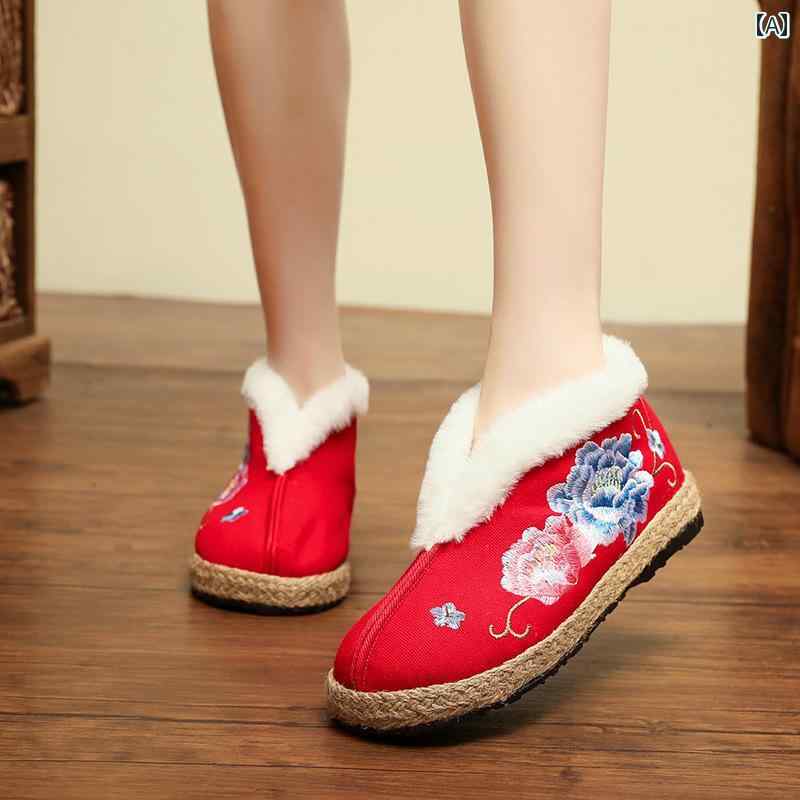 レディース ファッション 秋冬 ベルベット 厚手 レトロ エスニック ぺたんこ 女性 布 靴 刺繍 漢 茶師..