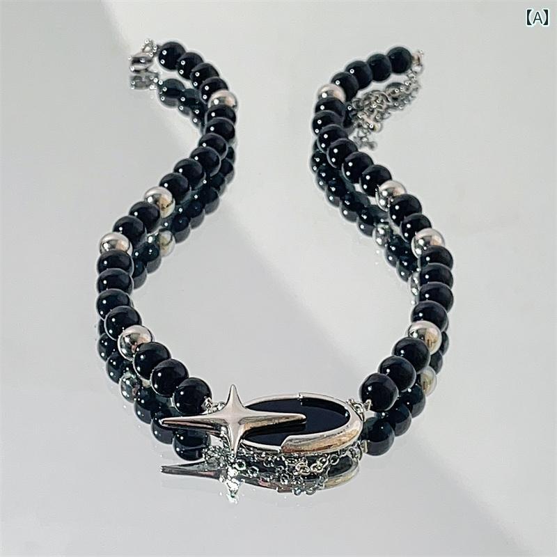 レディース ネックレス チェーン おしゃれ かわいい ガーリー ゴシック 首飾り チョーカー ブラック フローティング アンド フォール レトロ ハイエンド ビーズ クロス スター 鎖骨 女性用