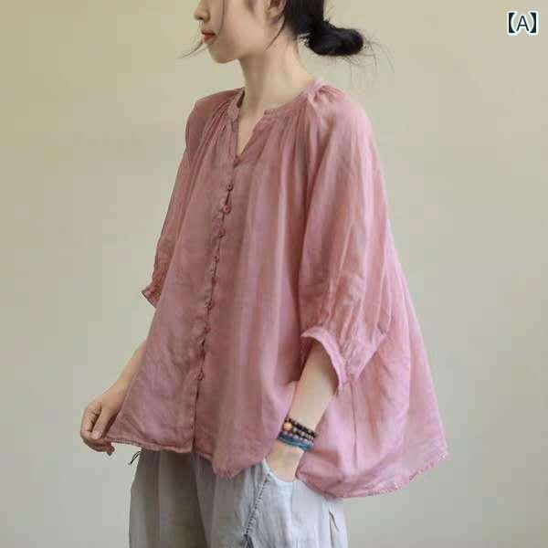 レディース 夏 カジュアル シャツ トップス 春 おしゃれ マザーズ 普段着 母服 婦人服 文学 綿麻 七分袖 大きいサイズ 半袖 T 小さい フレッシュ リネン