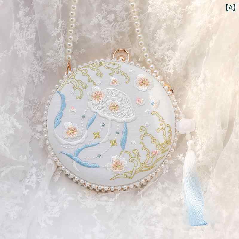 レディース ハンドバッグ おしゃれ 小さい フレッシュ バッグ クロス ボディ エレガント 精巧 漢服 刺繍入り ラウンド