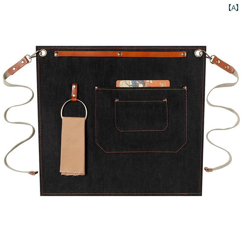 レディース デニムキャンバス ミルクティー ショップ ベーキング ショート ハーフ エプロン 美容師 シ..