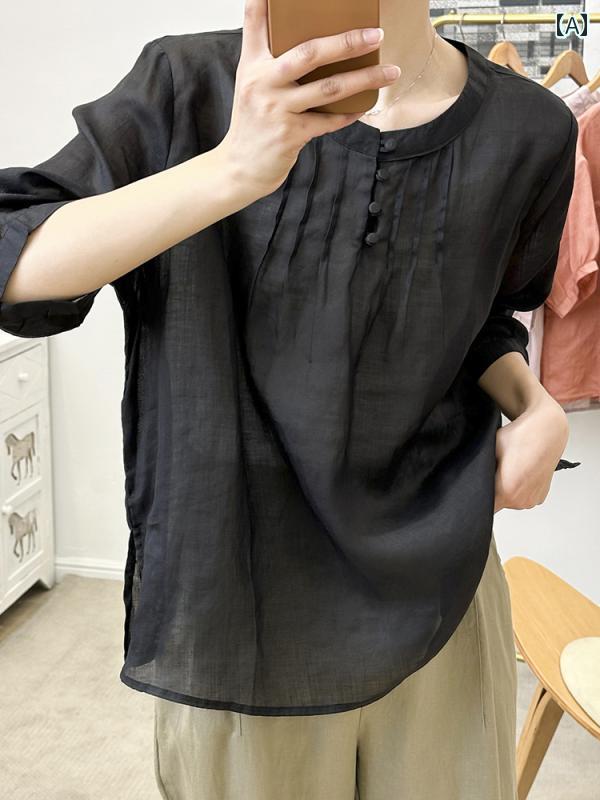 樂天商城 - レディース カジュアル シャツ トップス おしゃれ マザーズ 婦人服 普段使い 軽量 ラウンドネック ラミー 七分袖 リネン コットン