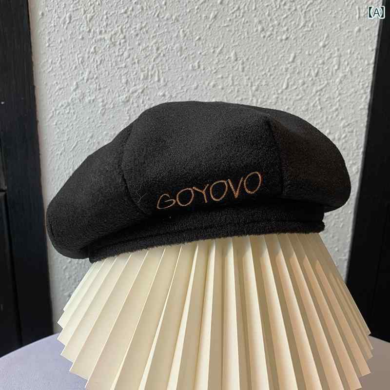 レディース 帽子 ウール ベレー 帽 英語 刺繍 レトロ 秋冬 韓国 顔 見せ ビーニー