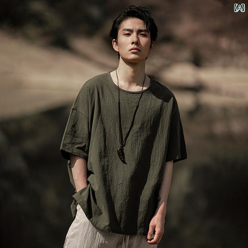 メンズ 夏 シャツ トップス チャイニーズ スタイル リネン プルオーバー ラウンドネック 半袖 コットンリネン T 無地 レトロ インナー