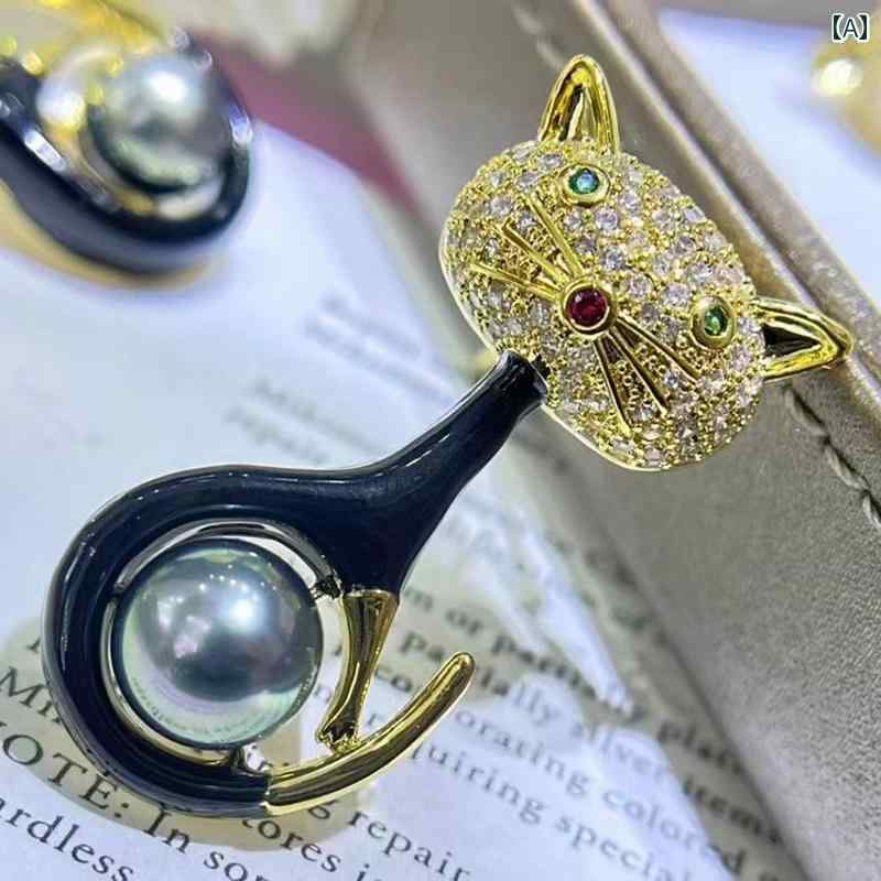 Other - アクセサリー DIY ※パールなし 空ホルダー 半完成 猫 ブローチ 女性 エナメル 黒 かわいい 動物 銅 金 メッキ ジルコン ピン パール コサージュ 空 ホルダー