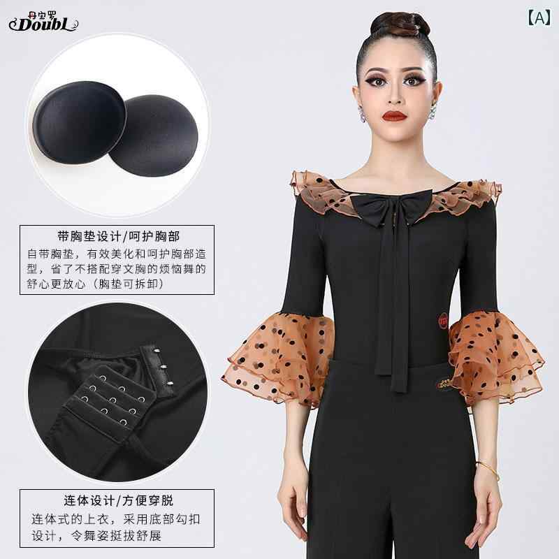 レディース ラテン ダンスウェア モダン ダンス 服 フロント リボン エレガント ベルスリーブ ハイエンド 社交 トップス