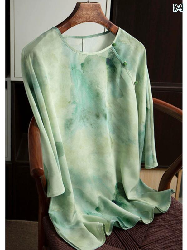 レディース カジュアル シャツ トップス おしゃれ お母さん 普段使い 婦人服 桑 クレープ デシン 水墨画 グリーン プリント エレガント 中国 スリム t