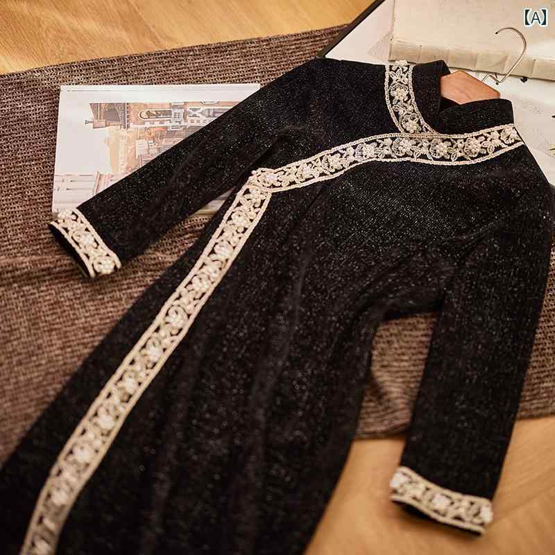 レディース 民族衣装 コスチューム 美しい 中華風 チャイナ ドレス 女性 秋冬 長袖 大きいサイズ スリム ビーズ シェニール