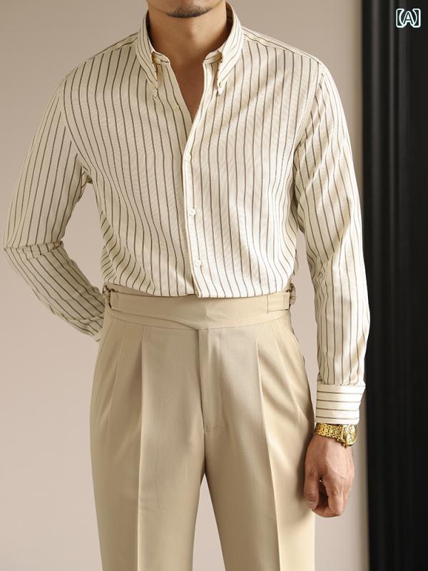 メンズ カジュアル Y シャツ 秋 ストライプシャツ アイロン 不要 スリムフィット ビジネス 紳士 長袖 トップス ボタン ポインテッドカラー