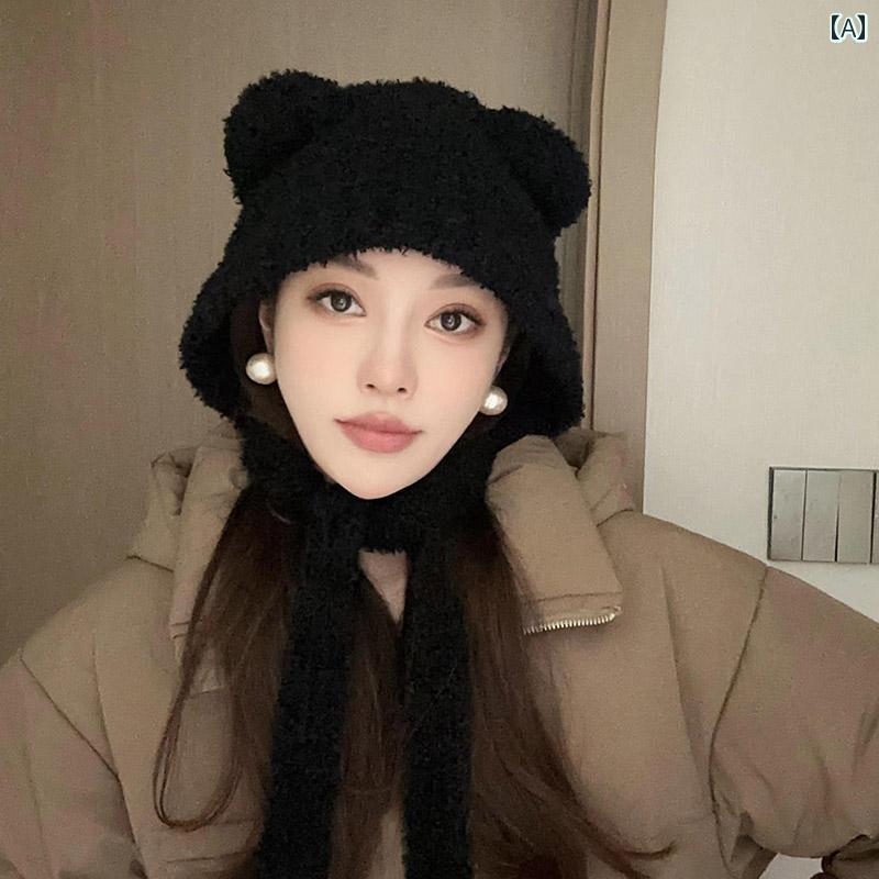 帽子 防寒 あったかい 茶色 耳 かわいい クマ 大きい 頭 秋冬 プルオーバー 女性用 ニット ウール(4.0)