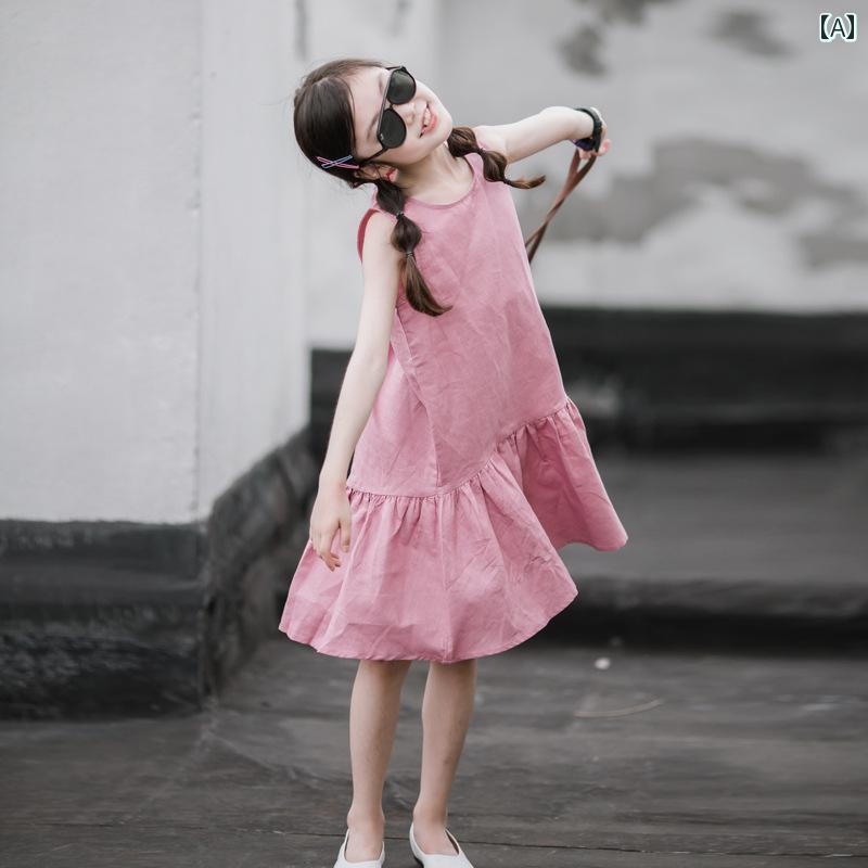 夏 ガールズ ドレス 韓国 ノースリーブ コットンベスト 中型 大型 子供 ゆったり ホリデー ビーチ