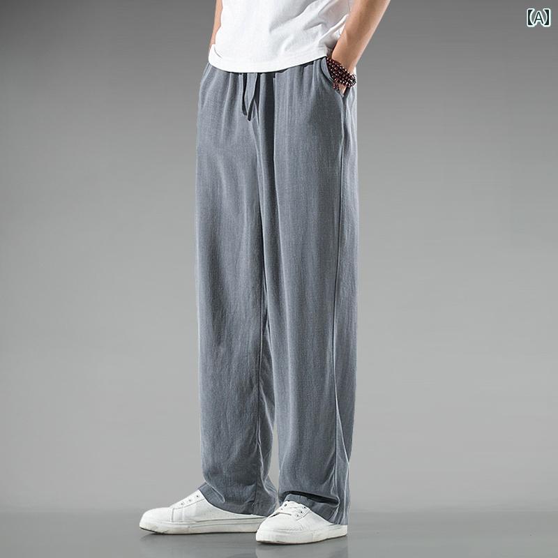 Shoe-Cut Pants - メンズ 夏 カジュアル パンツ ワイド レッグ ゆったり 快適 長ズボン 普段着 中華風 軽量 通気性 リネン ストレート 綿