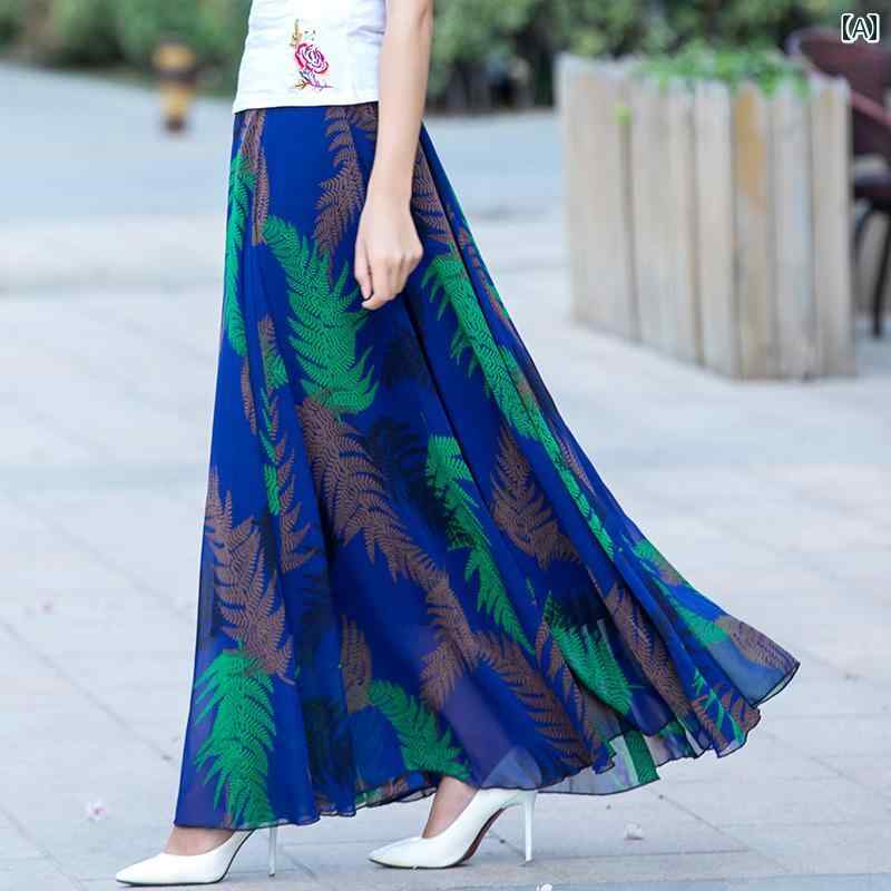 レディース 夏 レトロ プリントシフォンスカート ミドル丈 大 スイング スカート ハイウエスト 大きい..