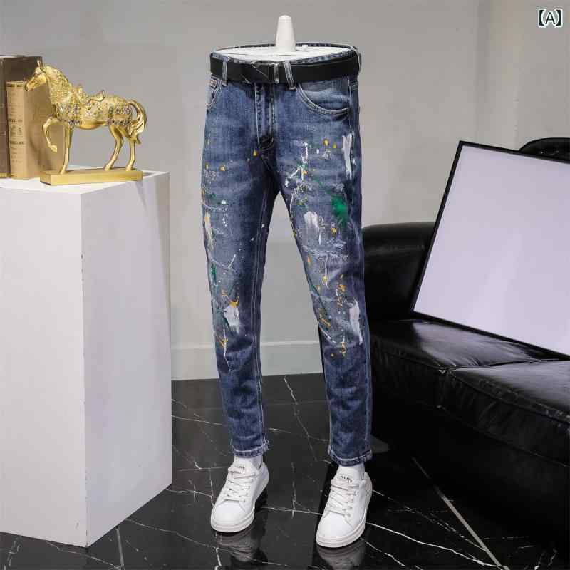 メンズ パンツ デニム ボトムス アウトドア ズボン 春 韓国 ジーンズ 弾性 カラー スプレーペイント ス..
