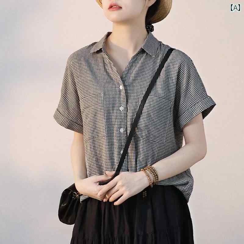 短袖 - レディース カジュアル チェック柄 シャツ トップス ママ 普段着 シングル 文学的 半袖 婦人服