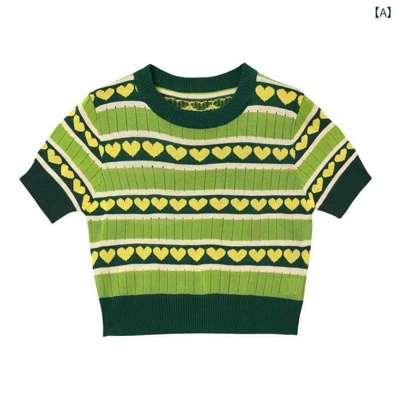 レディース 夏 シャツ トップス グリーン 半袖 ニット t フレンチ ショート ボトム