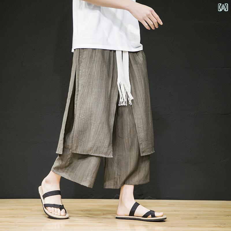 メンズ 夏 カジュアル パンツ ワイド レッグ ゆったり クロップド 薄手 リネン ストレート スカート 中華風 綿 九分丈