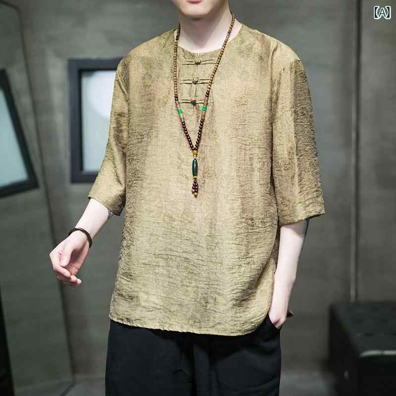 メンズ 夏 トップス シャツ レトロ 綿 リネン 漢服 中華風 薄い 半袖 T 男性用ゆったり 大きいサイズ 七分袖 男性用