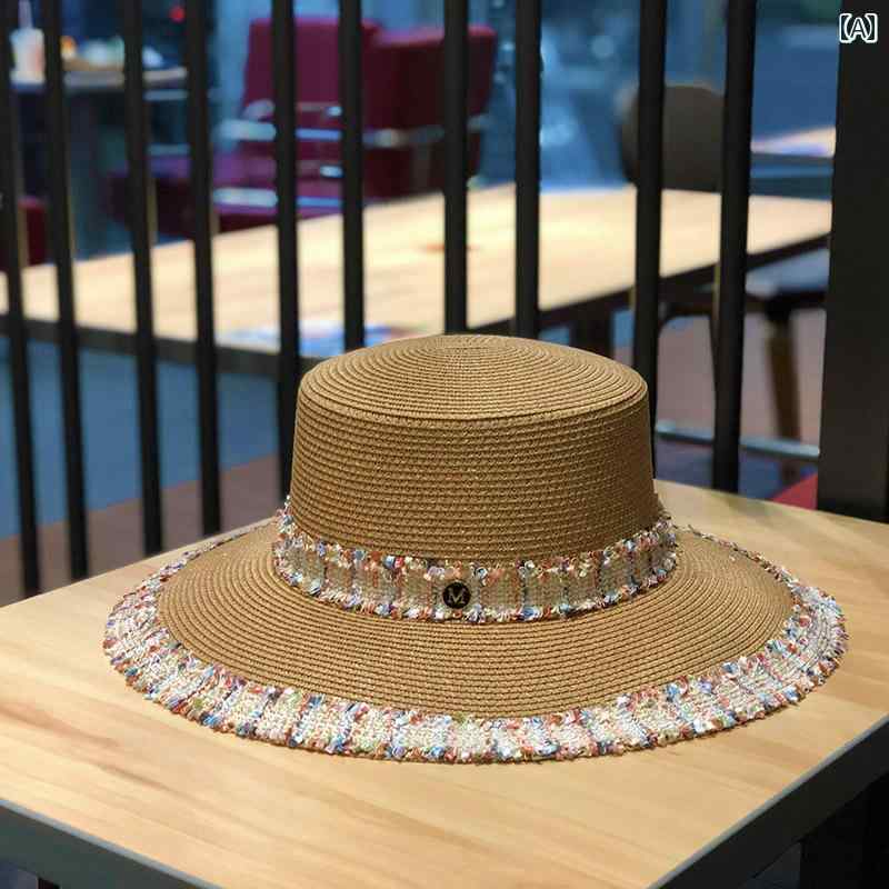 レディース 夏 ビーチハット おしゃれ 麦わら 帽子 日焼け防止 バイザー 女性用 フラット トップ つば広 旅行 休暇用 韓国 ハット