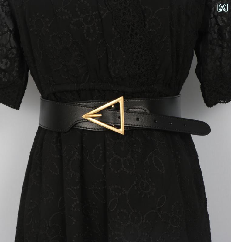 レディース カジュアル ベルト 幅広 おしゃれ イン ゴールド 三角 牛革 不規則 ワイド シンプル ウエスト スリム スカート ガードル