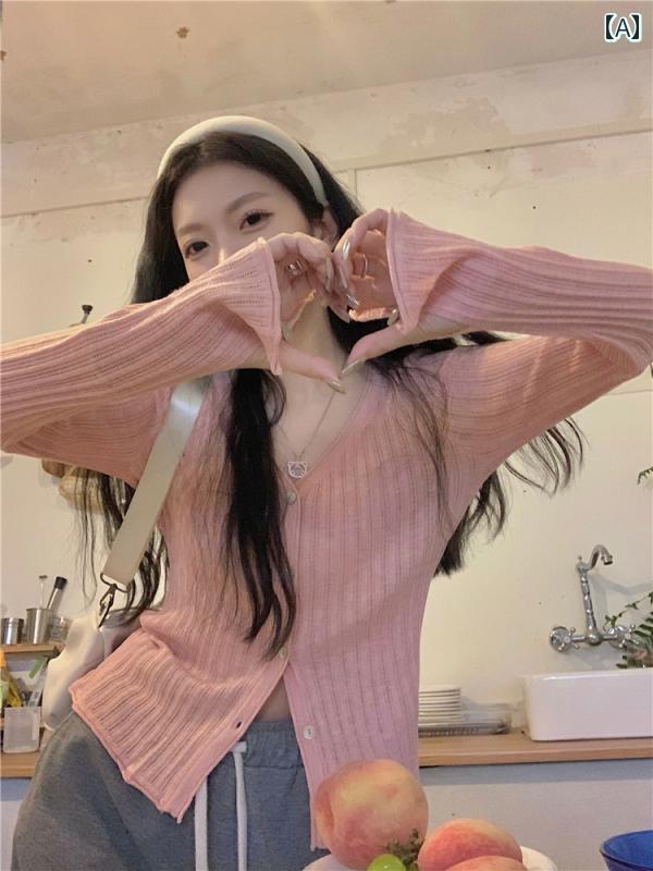 レディース ファッション 秋 薄手 冷感 長袖 スリム トップス 初秋 V ネック ニット カーディガン