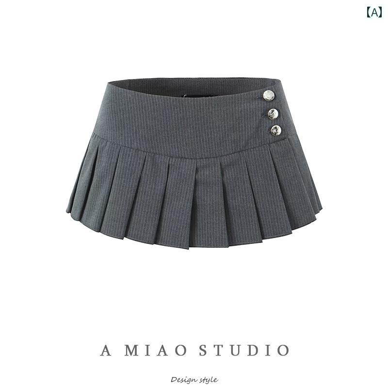 レディース 夏 ショート スカート 春 クール カレッジ おしゃれ アメリカン レトロ スタイリッシュ ガール スタイル ピンストライプ ローウエスト プリーツスカート フェミニン セクシー 露出 防止 ロー エッジ ミニ