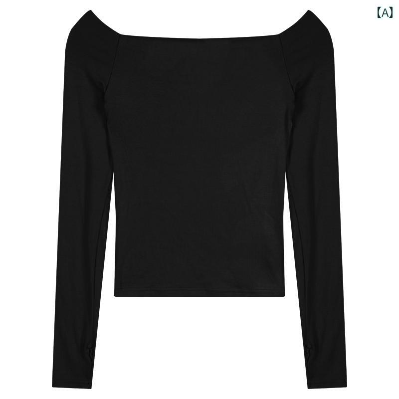 T-Shirts - レディース 秋 女性 ピンク ワンショルダー 長袖 T シャツ ホット ガール 鎖骨 スリム タイト インナーウェア ショート トップス