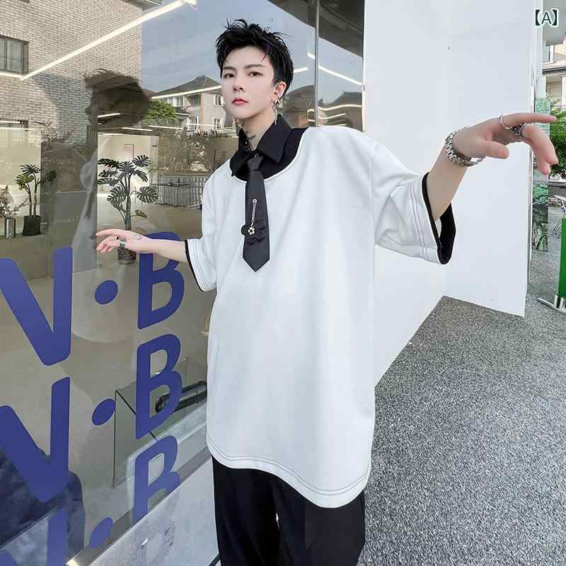 メンズ 夏 カジュアル T シャツ ファッション おしゃれ 韓国 半袖 ポロシャツ プルオーバー カップル ネクタイ