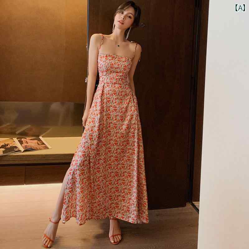 Rakuten - レディース 夏 ワンピース 花 ドレス 女性 チューブ トップ 魅惑的 スリット フレンチ レトロ キキョウ サスペンダー スカート