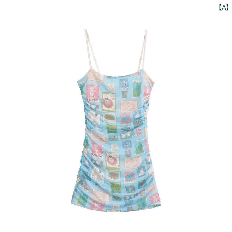 レディース 夏 ワンピース サマーリゾート ビーチ 旅行 甘くて スパイシー ポスター プリント プリーツ サスペンダー スカート 女性 スタイリッシュ ガール ドレス ヒップ カバー メッシュ