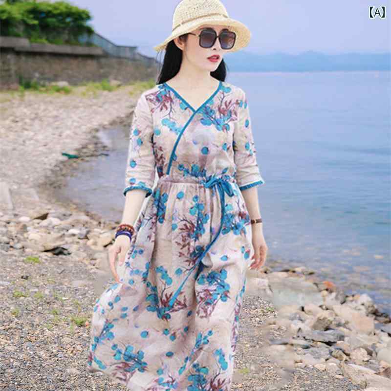 レディース 夏 ワンピース ゆったり ボヘミアン マザーズ 文学 レトロ エスニック 七分袖 ドレス ハイエンド V ネック レースアップ ウエスト リネン ロング スカート 女性 スタイル