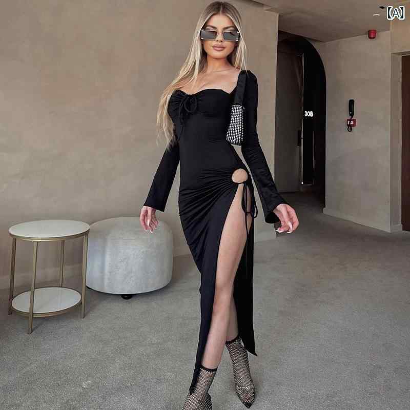 レディース ワンピース アハ ローカット 長袖 アメリカ 腰 抱き締める ロング スカート スタイリッシュ ハイスリット ストラップレス バック レス ドレス