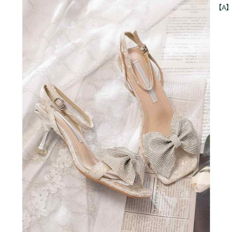 レディース ラインストーン 夏 ミュール サンダル おしゃれ 美脚見え カード ストラップ ハイヒール フレンチ スクエアトゥ 細 ヒール リボン ローマ 靴(4.0)