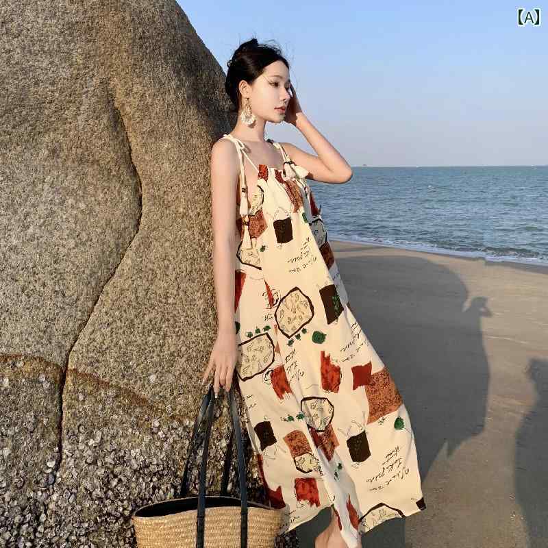 レディース 夏 リゾート ワンピース タイ 海辺 旅行 写真撮影 衣装 服 女性 風 プリント 体型カバー サスペンダー ドレス
