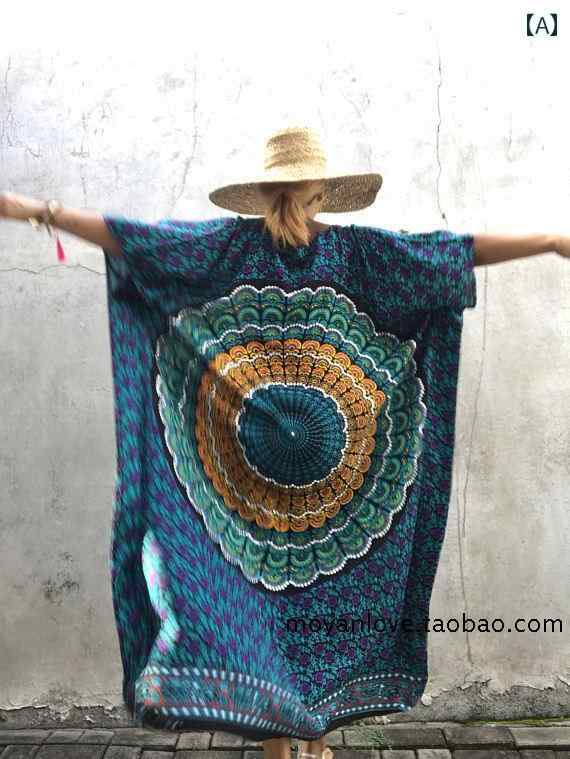 レディース リゾート ワンピース ローブ タイ ビーチ ビキニ カバー アップ スカート プリント 象 孔雀..