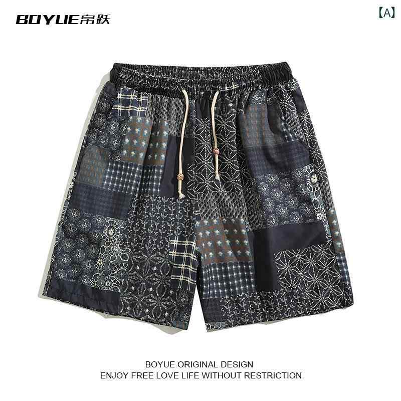 Short, Half Pants - メンズ 夏 パンツ ビーチ 短パン ハーフ プール 海水浴 カラー ブロック フラワー ショーツ ストレート エスニック 五分丈 個性的 ティーンエイジャー