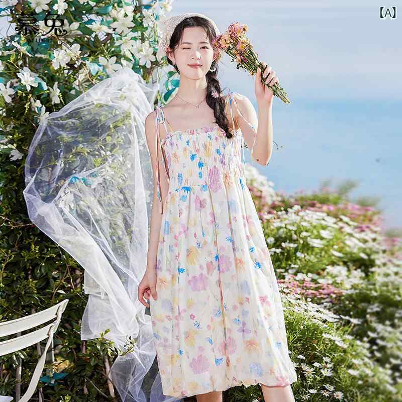 レディース 夏 ワンピース 大人 かわいい フランス 虹 花 サスペンダー スカート 女性 小さい ウエスト スリム ドレス