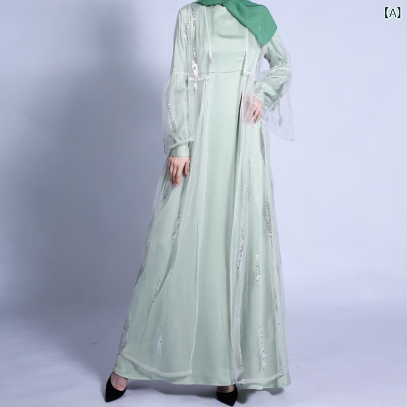 タッセル エスニック ドレス ワンピース サウジ 旅行 アンチフレア スリーブ レースアップ ロング スカート スパンコール メッシュ カーディガン シフォン ローブ