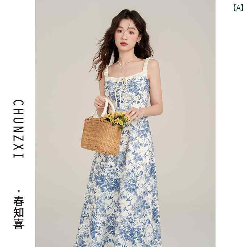 レディース 夏 ワンピース 大人 かわいい ティーブレイク フレンチブルー 花 サスペンダー スカート 女性 優しい 摩耗 青 白 磁器 ドレス