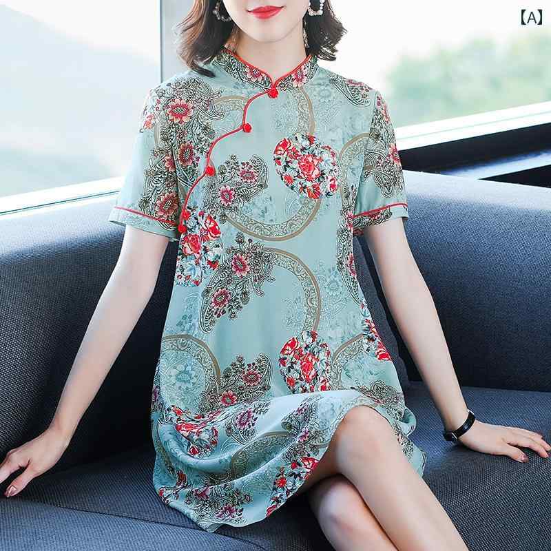 其它 - レディース 夏 ワンピース 半袖 きれいめ 上品 マザーズ おしゃれ お母さん お呼ばれ ドレス 婦人服 サマーウェア 桑 ヤング スタイル レトロ チャイナ 中華風