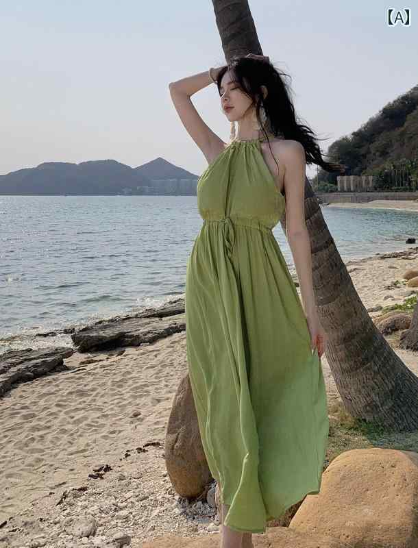 レディース 夏 リゾート ワンピース 優しい 海辺 休暇 ビーチ ドレス 女性 アボカド グリーン スリミン..