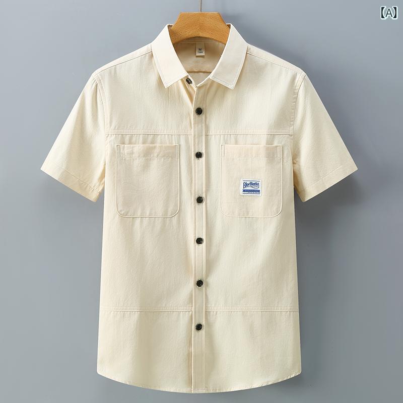 メンズ カジュアル 夏 トップス シャツ サマー コットン 半袖 ポケット ファッショ...