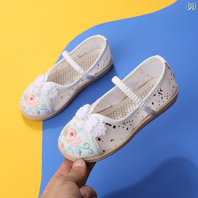 夏 子供靴 かわいい メリージェーン シューズ 通気性 キッズ 子供 靴 アンティーク 漢服 女の子 プリンセス サンダル 中華風 メッシュ レトロ 布靴